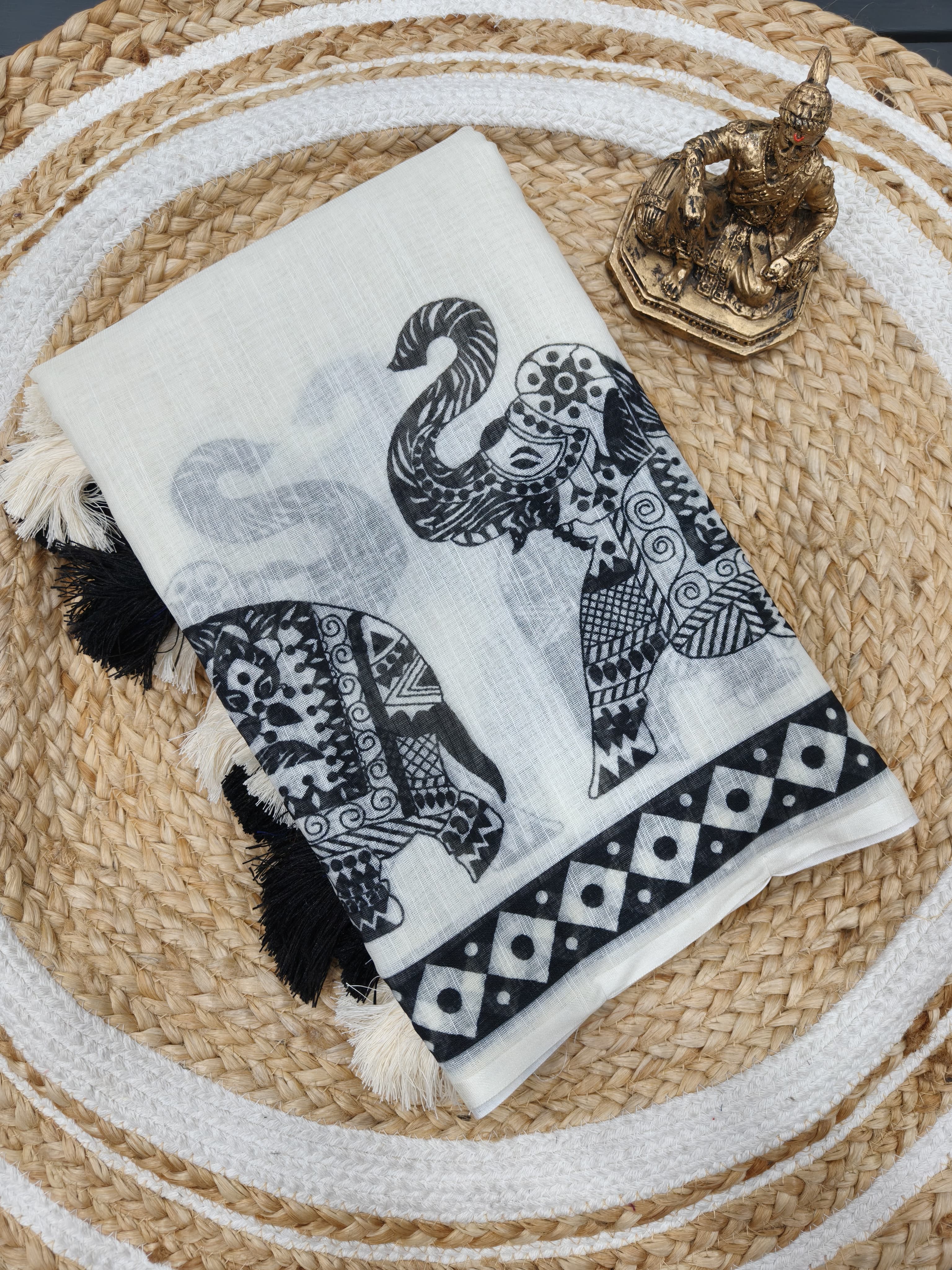 Women's Premium Pure Linen Cotton Saree | Traditional Madhubani Elephant Block Printed Casual Sari with Geometric Temple Border & Unstitched Blouse Piece | Luxury Lightweight Summer & Office Wear (Off-White & Charcoal Black)