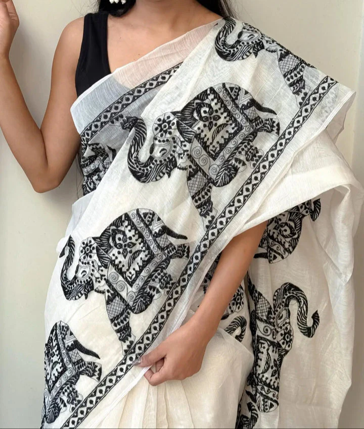 Women's Premium Pure Linen Cotton Saree | Traditional Madhubani Elephant Block Printed Casual Sari with Geometric Temple Border & Unstitched Blouse Piece | Luxury Lightweight Summer & Office Wear (Off-White & Charcoal Black)