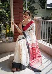 Women's Premium Pure Linen Cotton Saree | Traditional Handloom Style Geometric Motif Print Casual & Festive Sari with Temple Border Look & Unstitched Blouse Piece | Luxury Lightweight Summer Wear (Off-White, Crimson Red & Charcoal Grey)