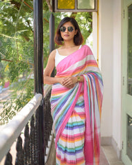 Women's Premium Pure Linen Cotton Saree | Vibrant Multicolor Horizontal Rainbow Striped Casual Sari with Unstitched Blouse Piece | Luxury Lightweight Summer Wear & Festive Day Sari (Off-White, Candy Pink & Multi-Stripes)