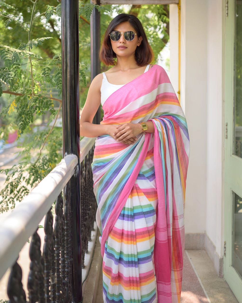 Women's Premium Pure Linen Cotton Saree | Vibrant Multicolor Horizontal Rainbow Striped Casual Sari with Unstitched Blouse Piece | Luxury Lightweight Summer Wear & Festive Day Sari (Off-White, Candy Pink & Multi-Stripes)