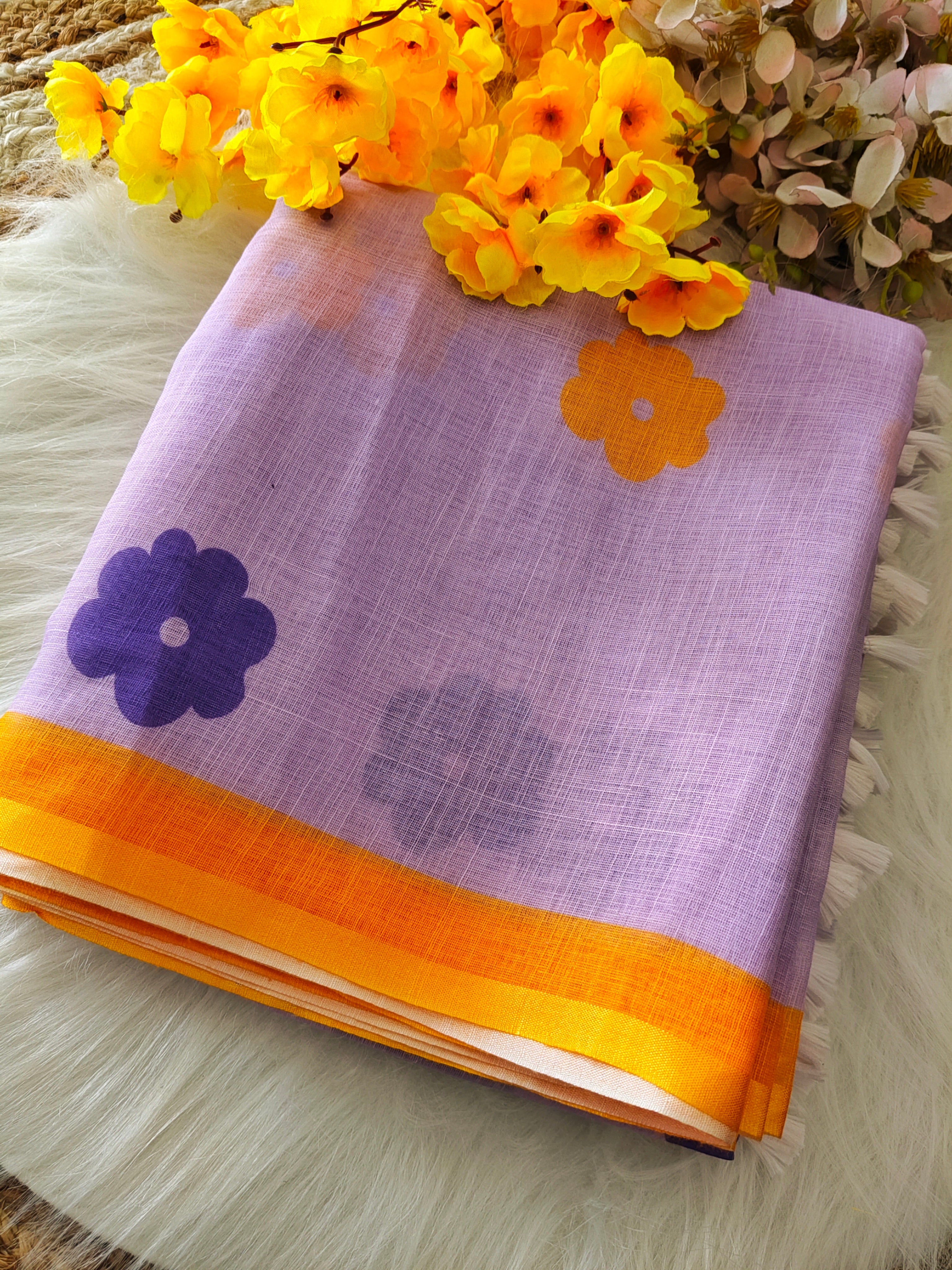 Women's Cotton Linen Blend Saree | Trendy Light Pink Floral Motif Print Casual Sari with Striped Pallu & Unstitched Blouse Piece | Lightweight Summer & Daily Wear (Baby Pink, Yellow & Purple)