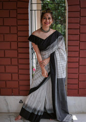 Women's Premium Pure Linen Cotton Saree | Traditional Handloom Style Ikkat Dotted Stripe Print Casual Sari with Solid Skirt Border & Unstitched Blouse Piece | Luxury Lightweight Summer & Office Wear (Off-White, Charcoal Black & Slate Grey)