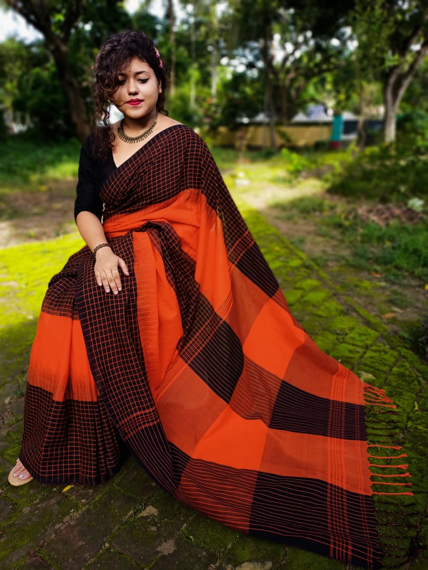 Women's Cotton Linen Blend Saree | Handloom Look Geometric Checkered Pattern Casual & Office Wear Sari with Unstitched Blouse Piece | Festive & Daily Wear (Black & Orange)