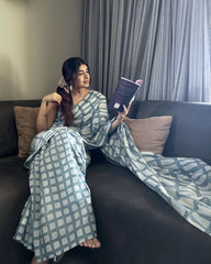 Women's Premium Pure Linen Cotton Saree | Modern Geometric Grid Block Printed Casual Sari with Unstitched Blouse Piece | Luxury Lightweight Summer Wear & Office Wear (Muted Slate Blue & Off-White)