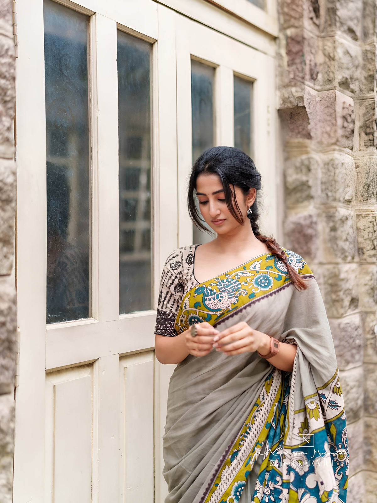 Women's Soft Linen Cotton Blend Saree | Traditional Hand-Block Kalamkari Printed Casual & Office Wear Sari with Unstitched Blouse Piece | Lightweight Daily Wear (Beige-Grey, Olive Green & Teal Blue)