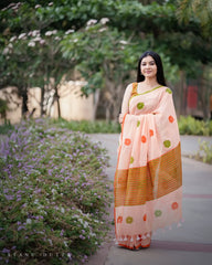 Women's Cotton Linen Blend Saree | Trendy Peach Floral Motif Print Casual Sari with Striped Pallu & Unstitched Blouse Piece | Lightweight Summer & Daily Wear (Light Peach, Orange & Olive Green)