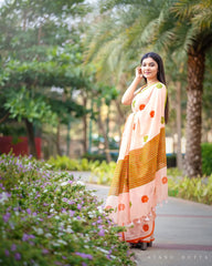 Women's Cotton Linen Blend Saree | Trendy Peach Floral Motif Print Casual Sari with Striped Pallu & Unstitched Blouse Piece | Lightweight Summer & Daily Wear (Light Peach, Orange & Olive Green)