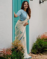 Women's Premium Pure Linen Cotton Saree | Minimalist Floral Booti Print Casual Sari with Sleek Border & Textured Checked Unstitched Blouse Piece | Lightweight Summer & Elegant Daily Wear (Off-White & Sky Blue)