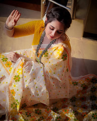 Women's Premium Organza Blend Saree | Elegant Traditional Jamdani Style Floral Print Casual & Festive Sari with Unstitched Blouse Piece | Lightweight Party Wear (White & Yellow-Orange)