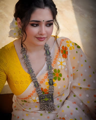Women's Premium Organza Blend Saree | Elegant Traditional Jamdani Style Floral Print Casual & Festive Sari with Unstitched Blouse Piece | Lightweight Party Wear (White & Yellow-Orange)