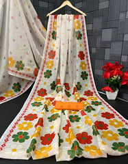Women's Premium Organza Blend Saree | Elegant Traditional Jamdani Style Floral Print Casual & Festive Sari with Unstitched Blouse Piece | Lightweight Party Wear (White & Yellow-Orange)
