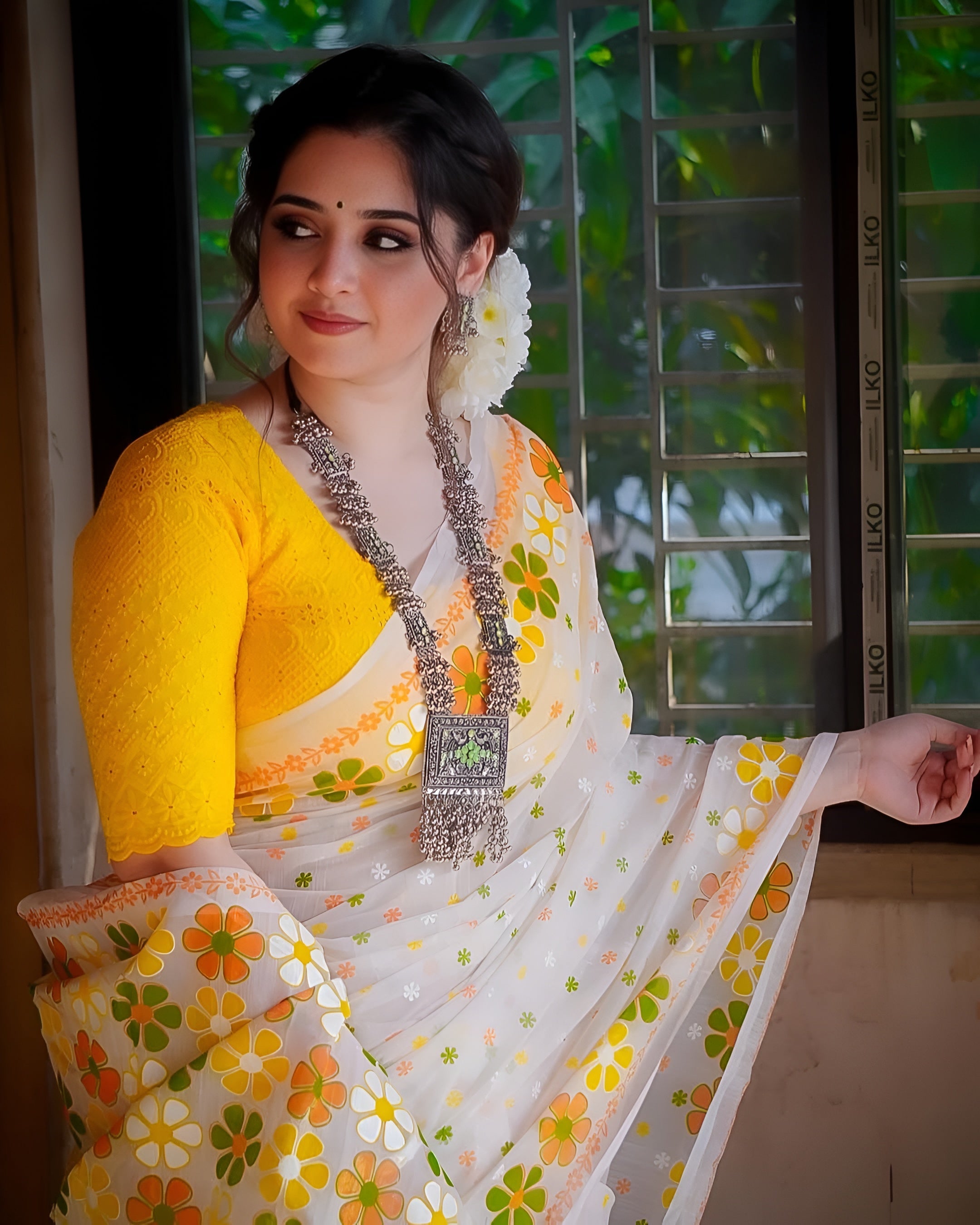 Women's Premium Organza Blend Saree | Elegant Traditional Jamdani Style Floral Print Casual & Festive Sari with Unstitched Blouse Piece | Lightweight Party Wear (White & Yellow-Orange)