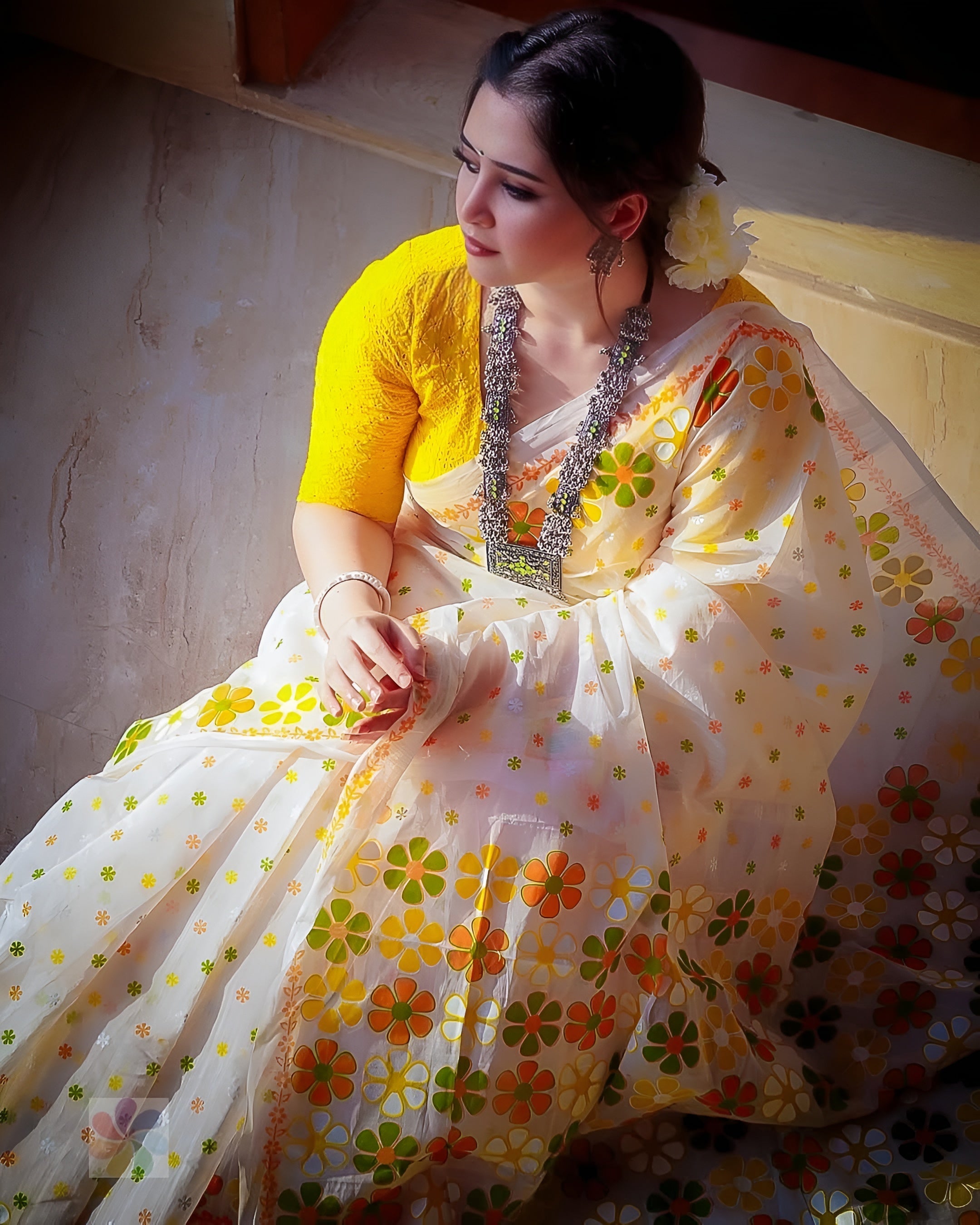 Women's Premium Organza Blend Saree | Elegant Traditional Jamdani Style Floral Print Casual & Festive Sari with Unstitched Blouse Piece | Lightweight Party Wear (White & Yellow-Orange)