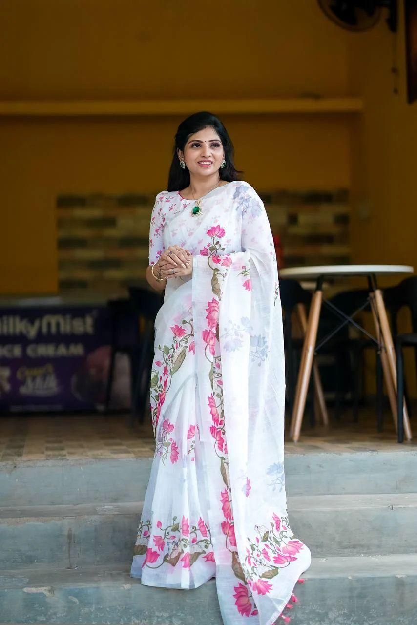 Women's Premium Pure Linen Cotton Saree | Elegant Lotus Floral Vine Printed Casual & Festive Sari with Matching Unstitched Blouse Piece | Luxury Lightweight Summer Wear (Pristine White & Rose Pink)