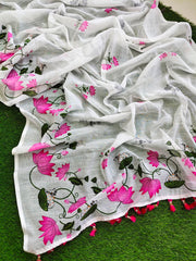 Women's Premium Pure Linen Cotton Saree | Elegant Lotus Floral Vine Printed Casual & Festive Sari with Matching Unstitched Blouse Piece | Luxury Lightweight Summer Wear (Pristine White & Rose Pink)