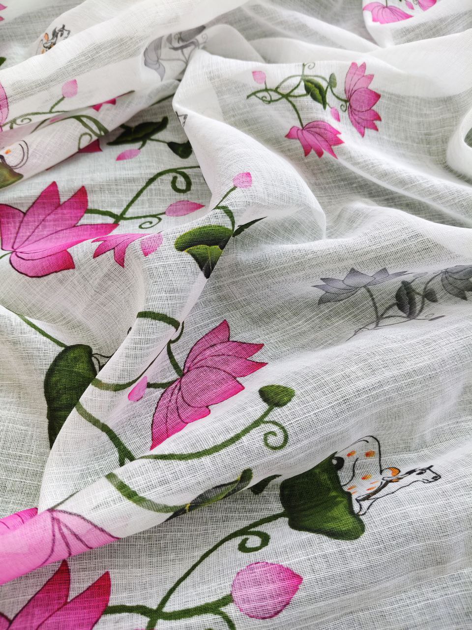 Women's Premium Pure Linen Cotton Saree | Elegant Lotus Floral Vine Printed Casual & Festive Sari with Matching Unstitched Blouse Piece | Luxury Lightweight Summer Wear (Pristine White & Rose Pink)