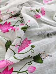 Women's Premium Pure Linen Cotton Saree | Elegant Lotus Floral Vine Printed Casual & Festive Sari with Matching Unstitched Blouse Piece | Luxury Lightweight Summer Wear (Pristine White & Rose Pink)