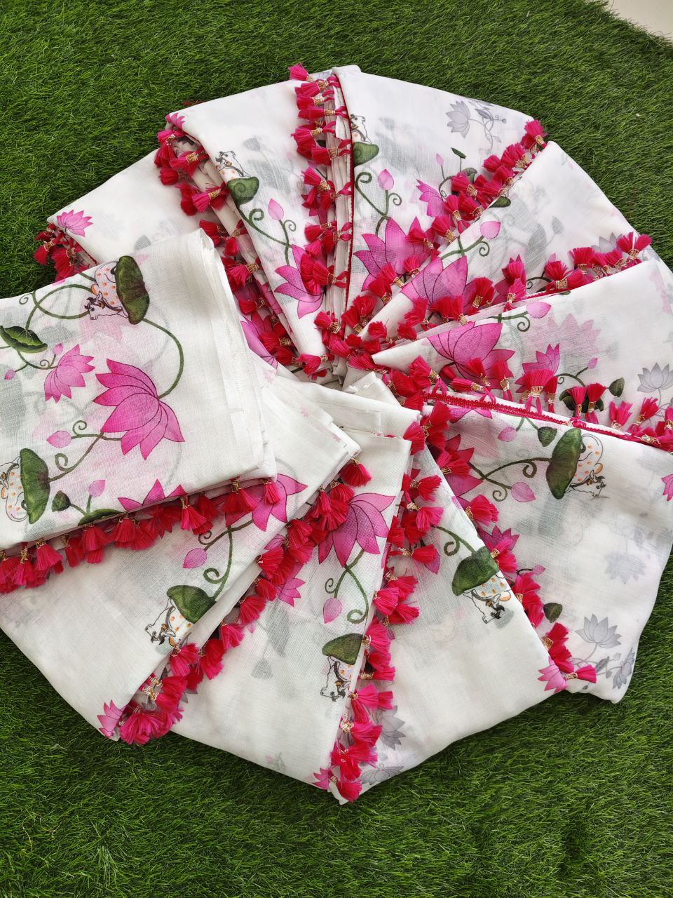 Women's Premium Pure Linen Cotton Saree | Elegant Lotus Floral Vine Printed Casual & Festive Sari with Matching Unstitched Blouse Piece | Luxury Lightweight Summer Wear (Pristine White & Rose Pink)