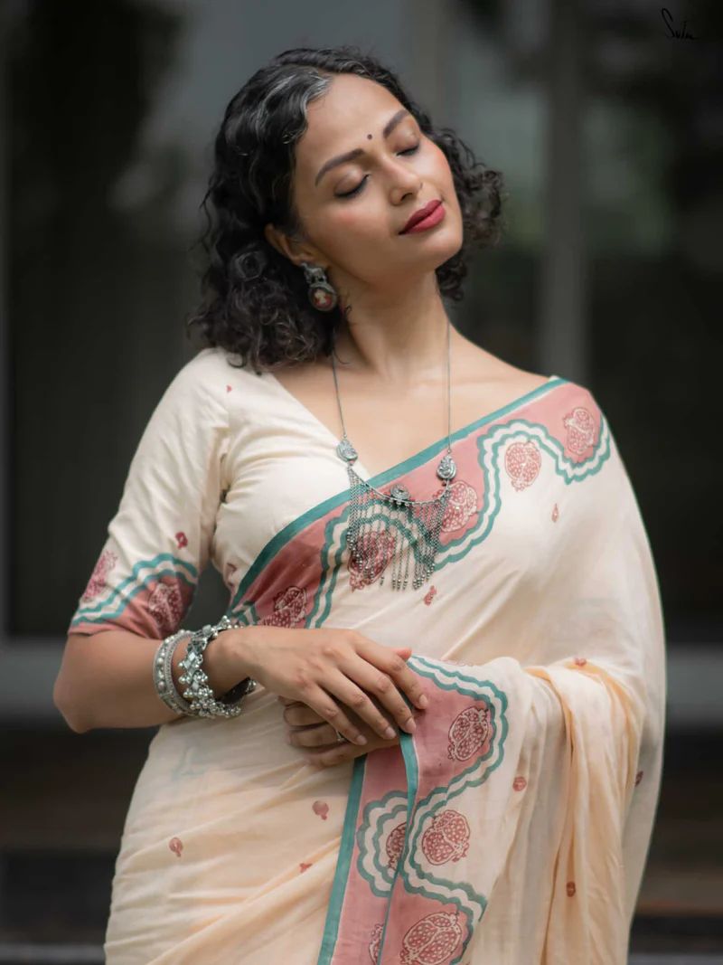 Women's Premium Linen Cotton Blend Saree | Elegant Cream Cream-White Traditional Block Border Printed Casual Sari with Unstitched Blouse Piece | Lightweight Daily Wear (Cream, Sea Green & Rose-Pink)