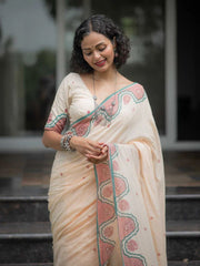 Women's Premium Linen Cotton Blend Saree | Elegant Cream Cream-White Traditional Block Border Printed Casual Sari with Unstitched Blouse Piece | Lightweight Daily Wear (Cream, Sea Green & Rose-Pink)