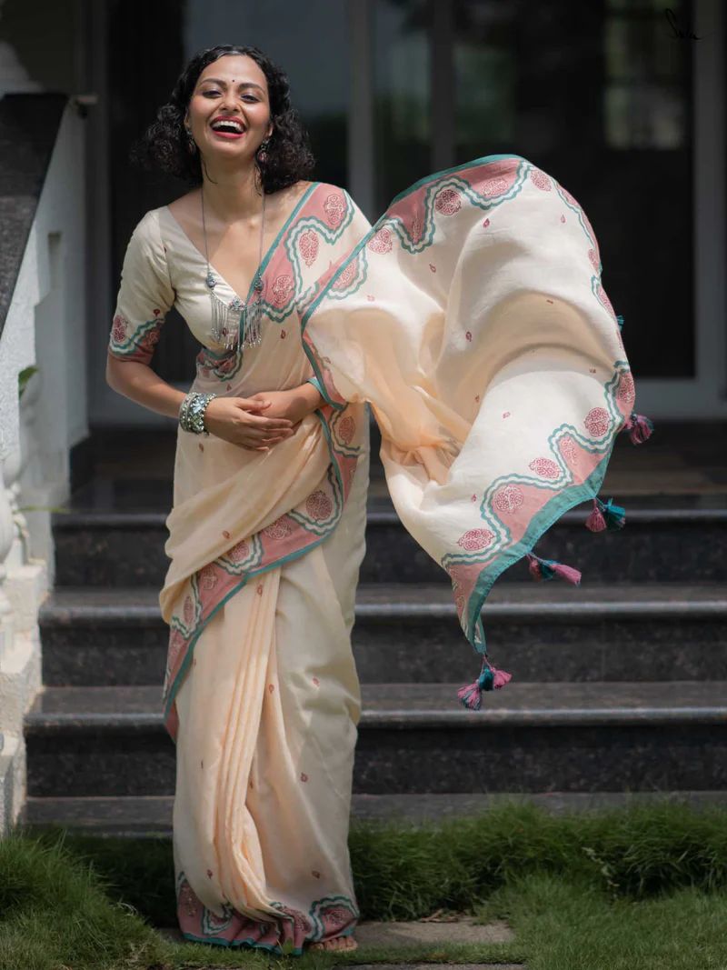 Women's Premium Linen Cotton Blend Saree | Elegant Cream Cream-White Traditional Block Border Printed Casual Sari with Unstitched Blouse Piece | Lightweight Daily Wear (Cream, Sea Green & Rose-Pink)