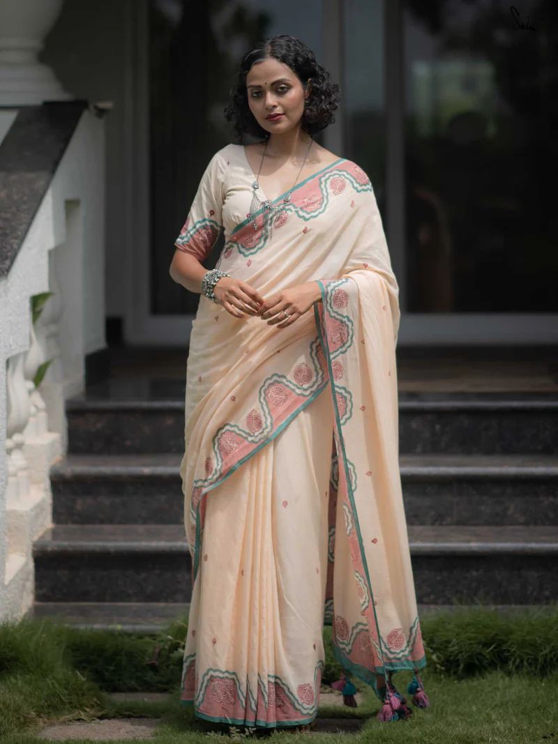 Women's Premium Linen Cotton Blend Saree | Elegant Cream Cream-White Traditional Block Border Printed Casual Sari with Unstitched Blouse Piece | Lightweight Daily Wear (Cream, Sea Green & Rose-Pink)