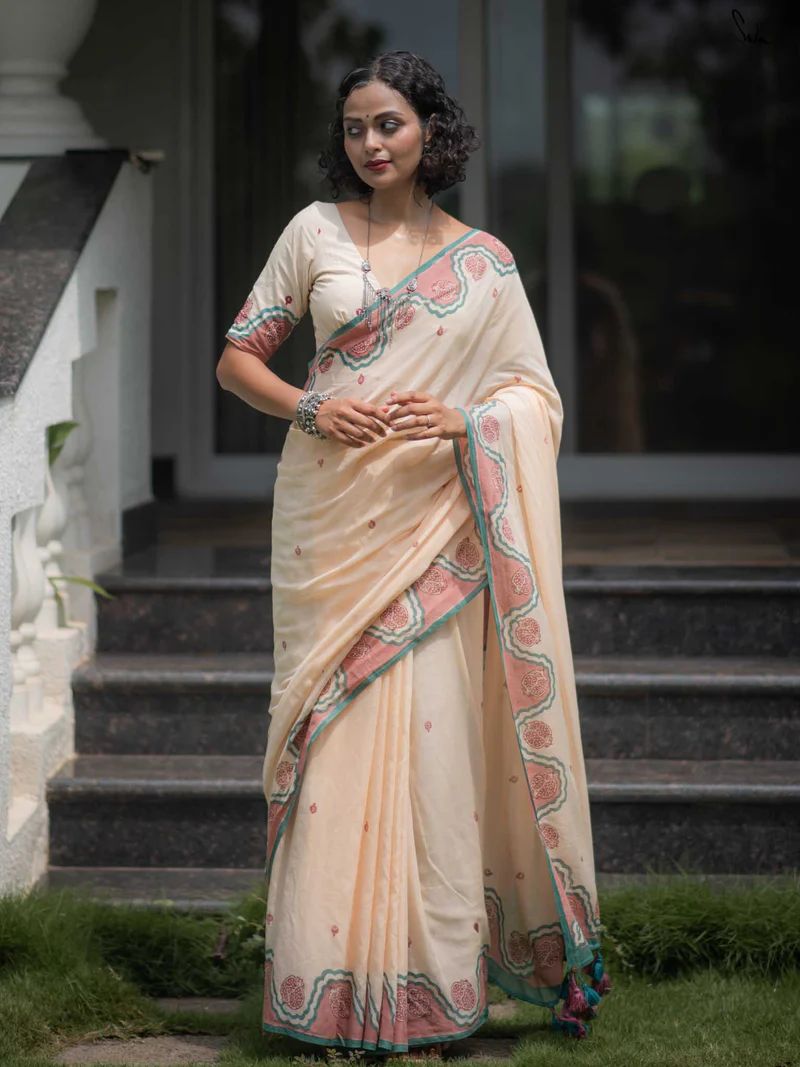 Women's Premium Linen Cotton Blend Saree | Elegant Cream Cream-White Traditional Block Border Printed Casual Sari with Unstitched Blouse Piece | Lightweight Daily Wear (Cream, Sea Green & Rose-Pink)