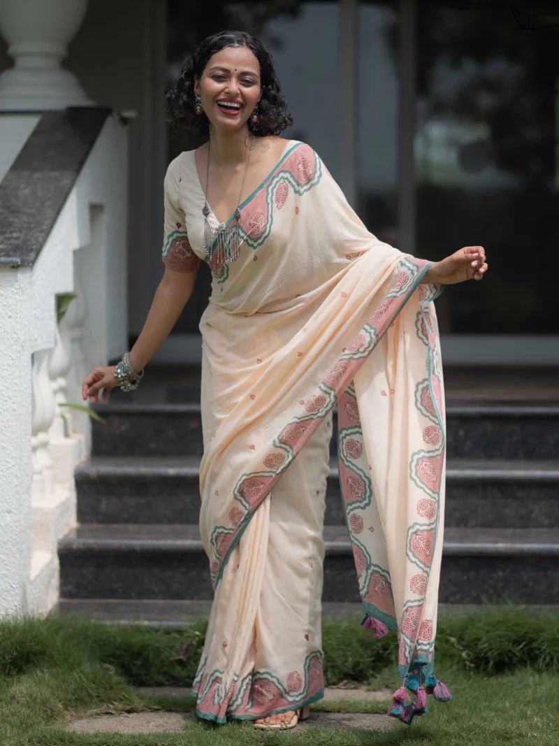 Women's Premium Linen Cotton Blend Saree | Elegant Cream Cream-White Traditional Block Border Printed Casual Sari with Unstitched Blouse Piece | Lightweight Daily Wear (Cream, Sea Green & Rose-Pink)